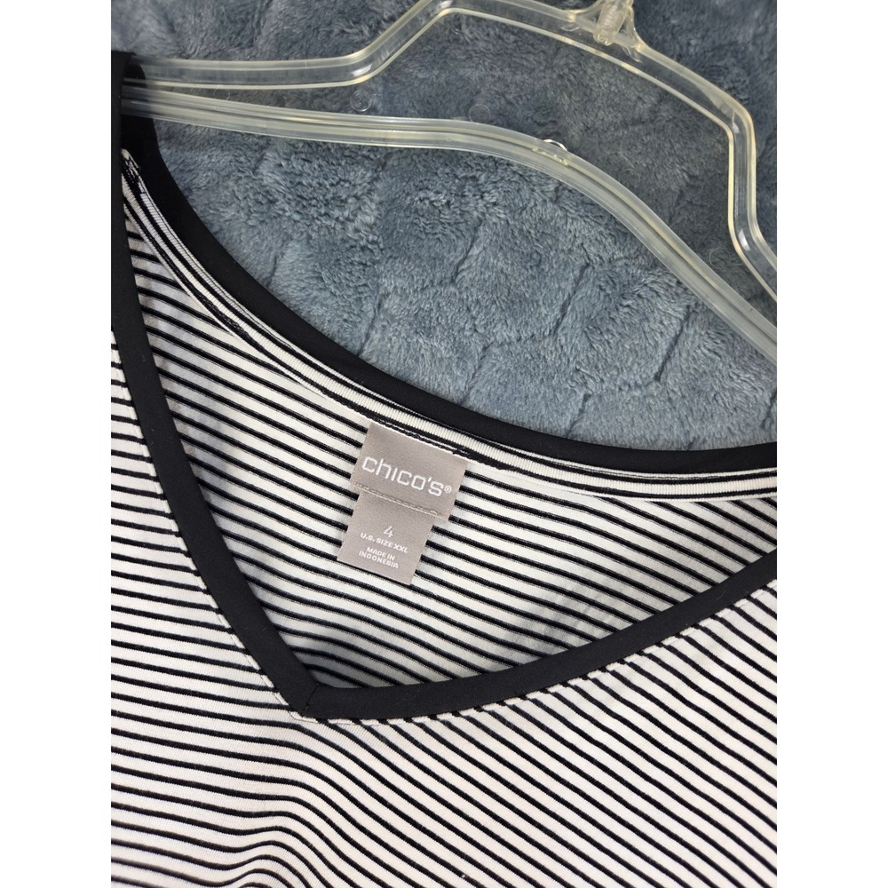 Chicos Striped V-Neck Tunic Top Size 4 XXL Black White Long Sleeve Chiffon Hem